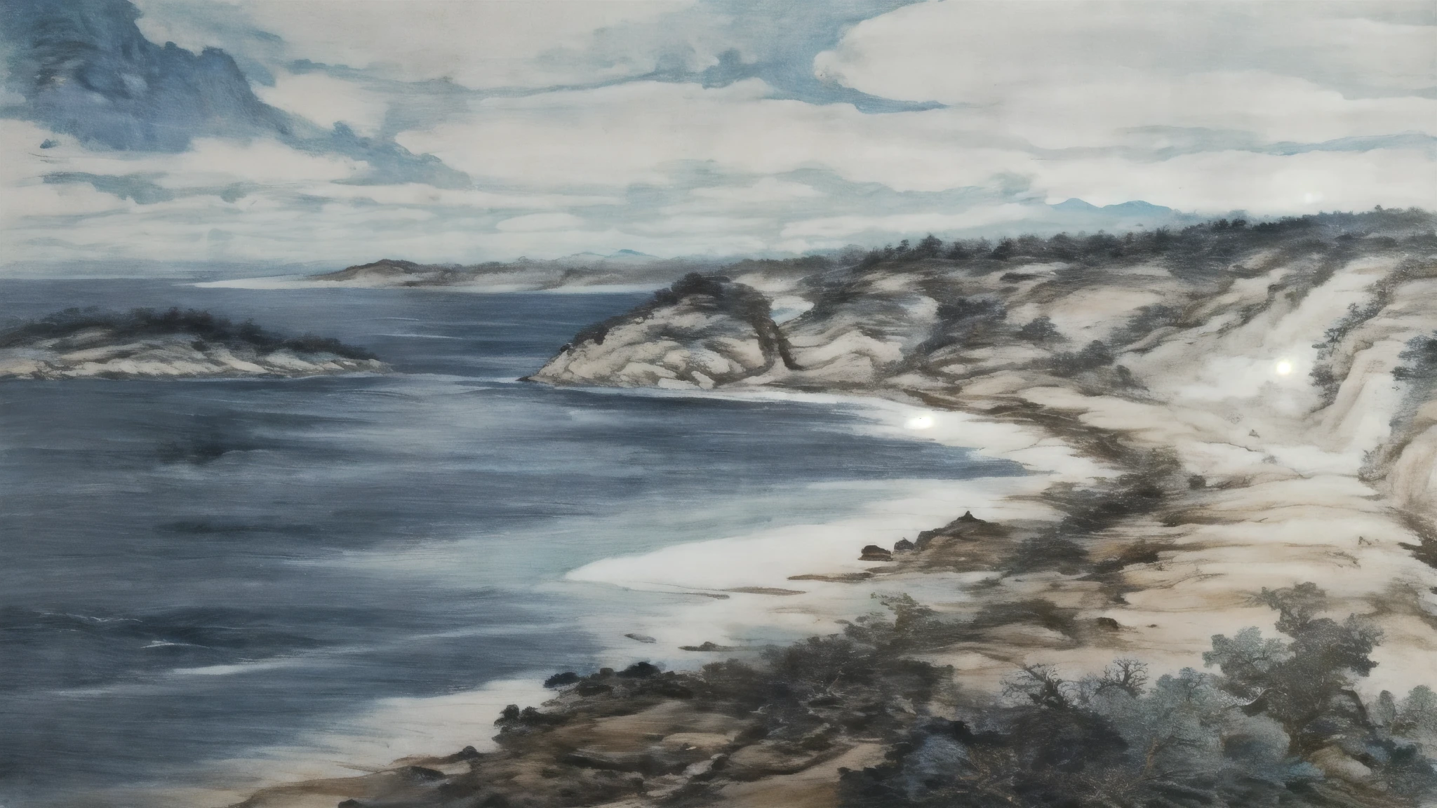 A painting of a cliff overlooking the sea，The painting shows a beach and cliffs, inspired by Dong Qichang, Chinese painting style, ink painting ) ) ) ), inspired author：Li Keran, Wen Boren, author：Li Keran, AI assisted numbers, Inspired by Wang Shimin, inspired by Zhang Zongcang, Chinese style, by Li Zai