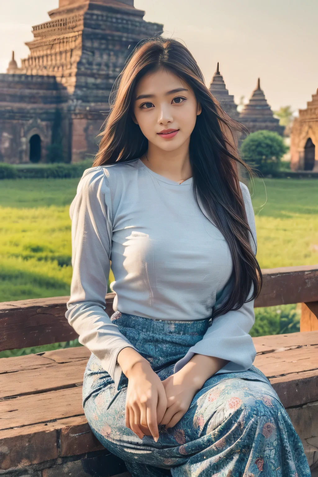 (masterpiece, best quality , high resolution:1.2), (photo realistic:1.2), (intricate and beautiful:1.2) , detailed light, bright light, (colorful and dynamic angle), upper body shot, fashion photography, 1 girl, acmm ls outfit, wearing acmm top, blue acmm top, long sleeves, wearing acmm long skirt, blue acmm long skirt, printed skirt, posing for photo, long straight hair, teasing look, gazing with a playful and teasing expression, igniting curiosity and attraction, attractive, outdoors, scenery, traditional media, sky, day, photo background, real world location, architecture, nature, ruins, landscape, bagan ancient pagoda background