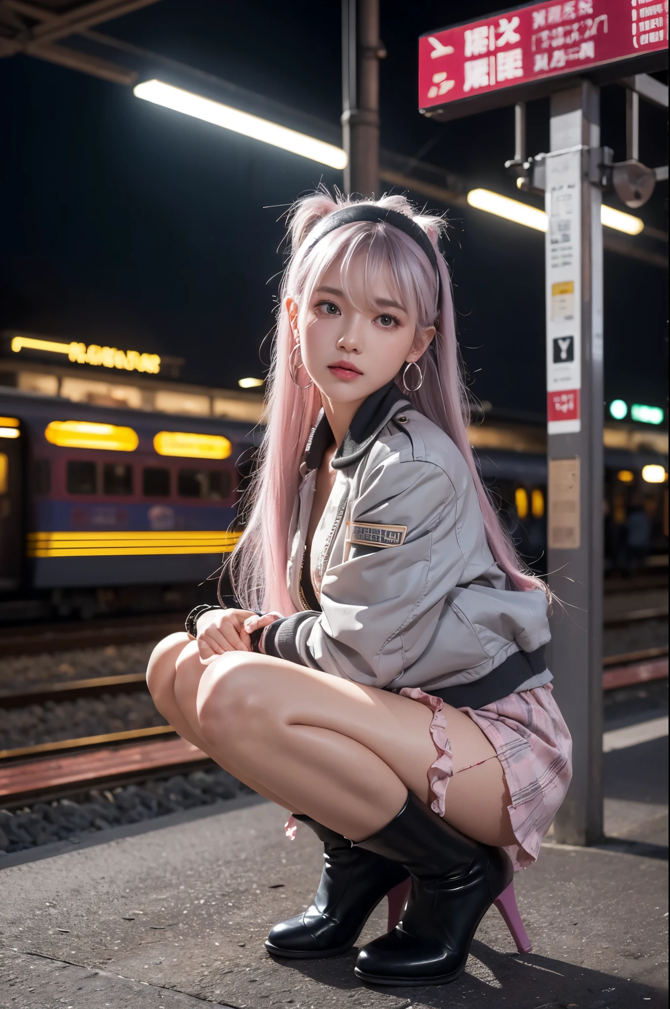 artworks,ultra high resolution,8K resolution,Accurate facial features with depth of field,is a perfect face,girl,the only person,ssmile,Long gray hair,with pink hair,crossed bangs,shairband,bangle,collars,hoop earings,aviator sunglasses bomber jacket,red fire retardant clothing,Over-the-knee boots,Ruffled pantyhose,crouched,facing to audience,eventide,temple,Train station,Fleet Collection,movie lighting
