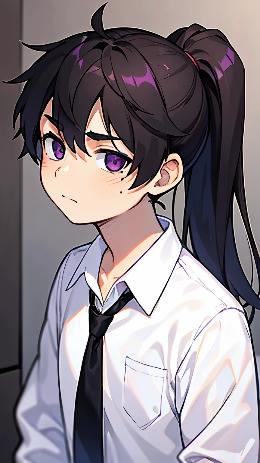  black haired boy,ponytail,all back,purple eyes,White shirt and black slacks,Mole under the right eye