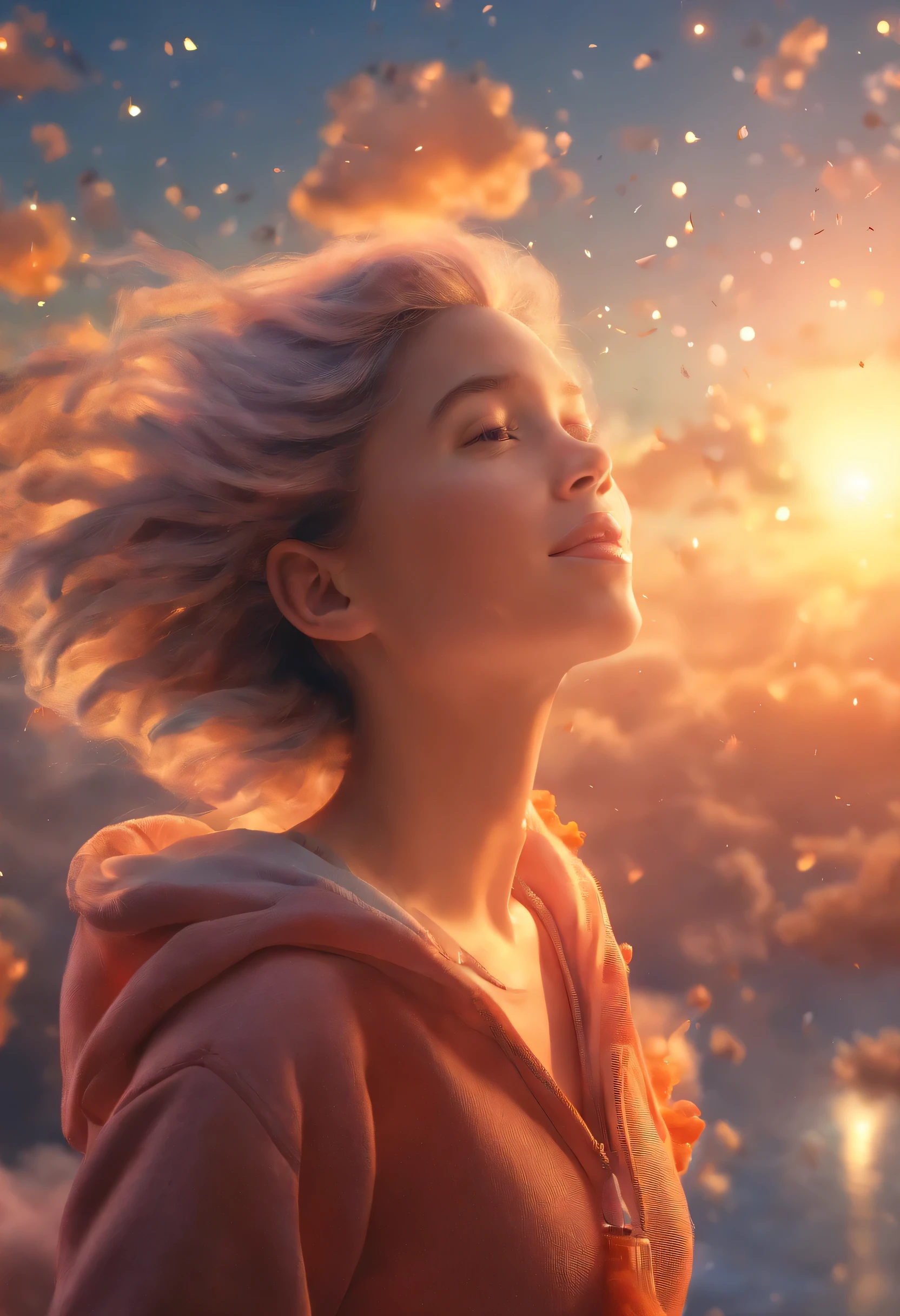 masterpiece, best quality, movie still, 1girl, cloud girl, floating in the sky, close-up, bright, happy, warm soft lighting, sunset, (sparks:0.7)