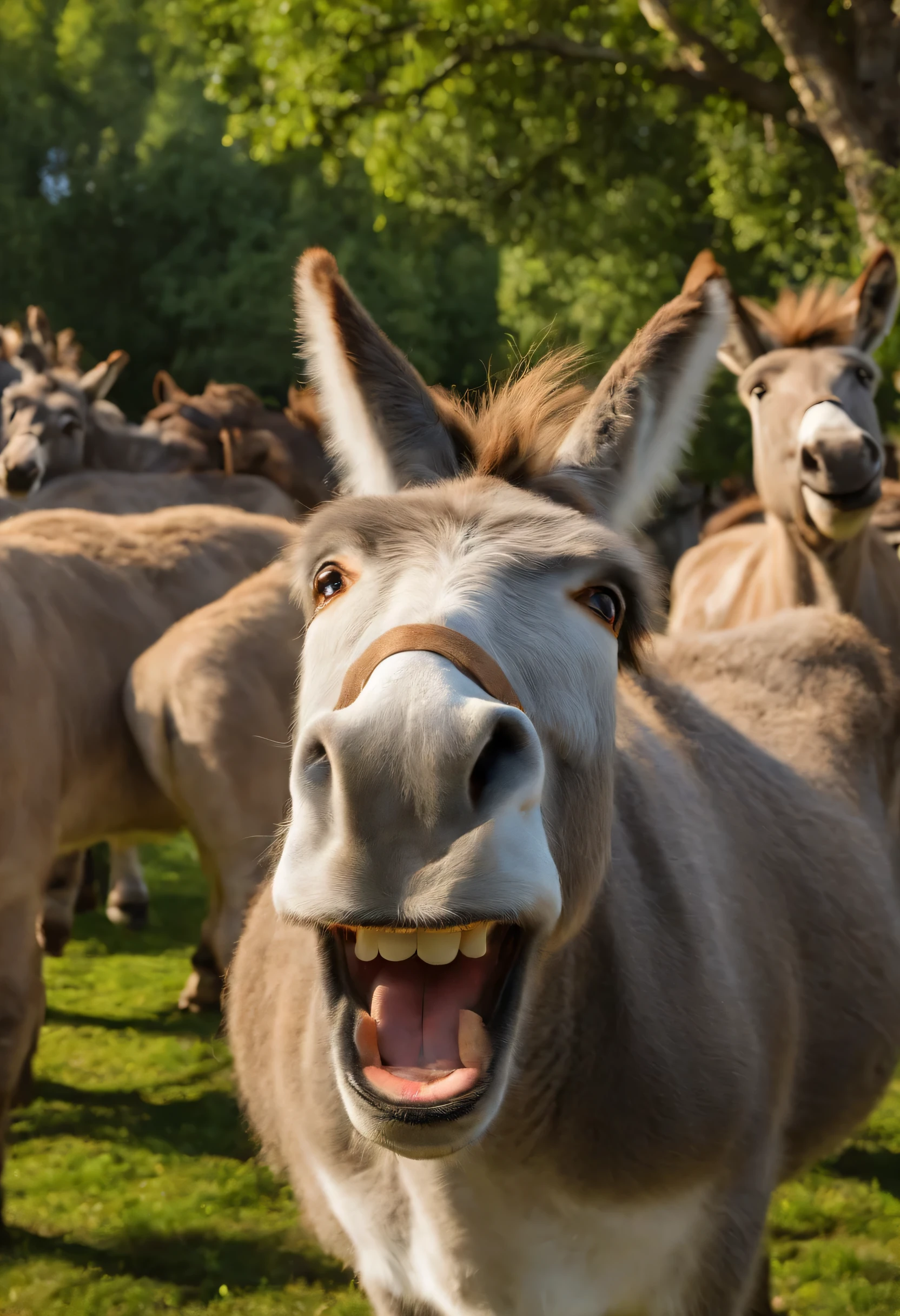 A selfie with a group of cows,Shrek,Donkey, the beloved character from the “Shrek” film series, is a small, gray donkey with wide, expressive eyes and an ever-present enthusiastic smile. His scruffy appearance, complete with a slightly tangled mane and a small, wagging tail, adds to his charming and endearing character. Donkey’s animated expressions and energetic body language play a significant role in conveying his emotions and enhancing the humor in his scenes.