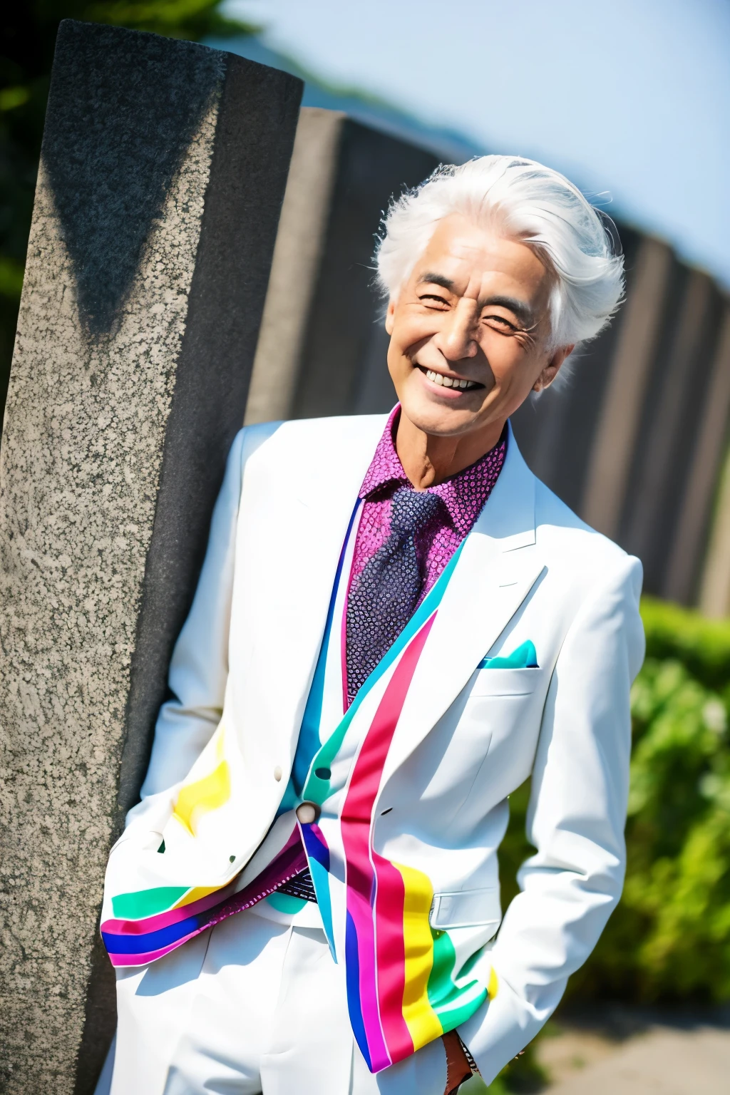 Male in his 90s, Japanese, white hair, colorful suit, fashionable, smile