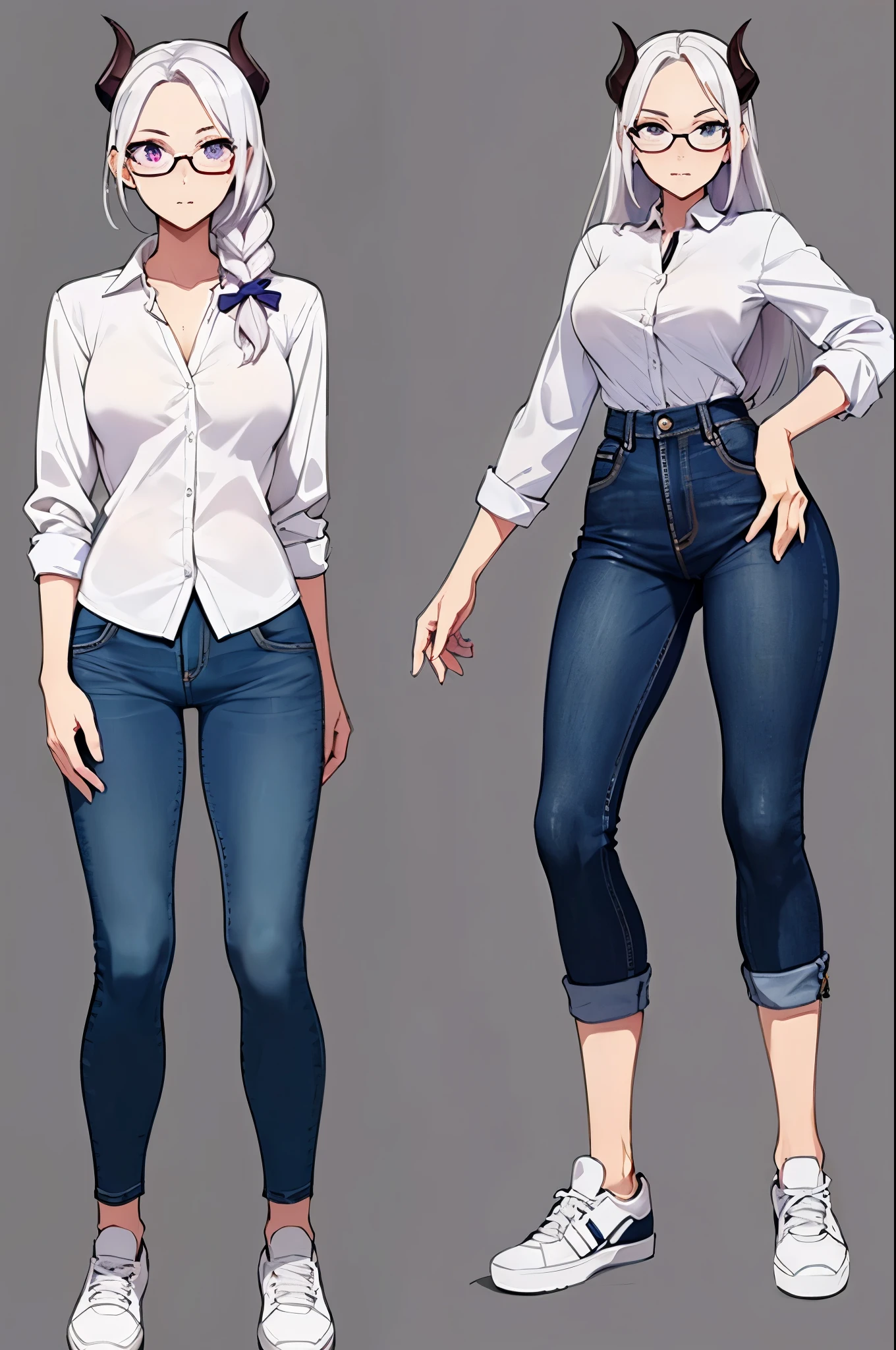 (Masterpiece, best quality), detailed, character sheet, many items (the same person, blouse, jeans pants, lowered blouse, student, academy uniform, glasses, reading glasses, white sneakers, many parts), demon, tiny body, narrow hips, demon girl, detailed beautiful purple eyes, detailed face, white hair and white skin, braided ponytail, demon horns, full of details.