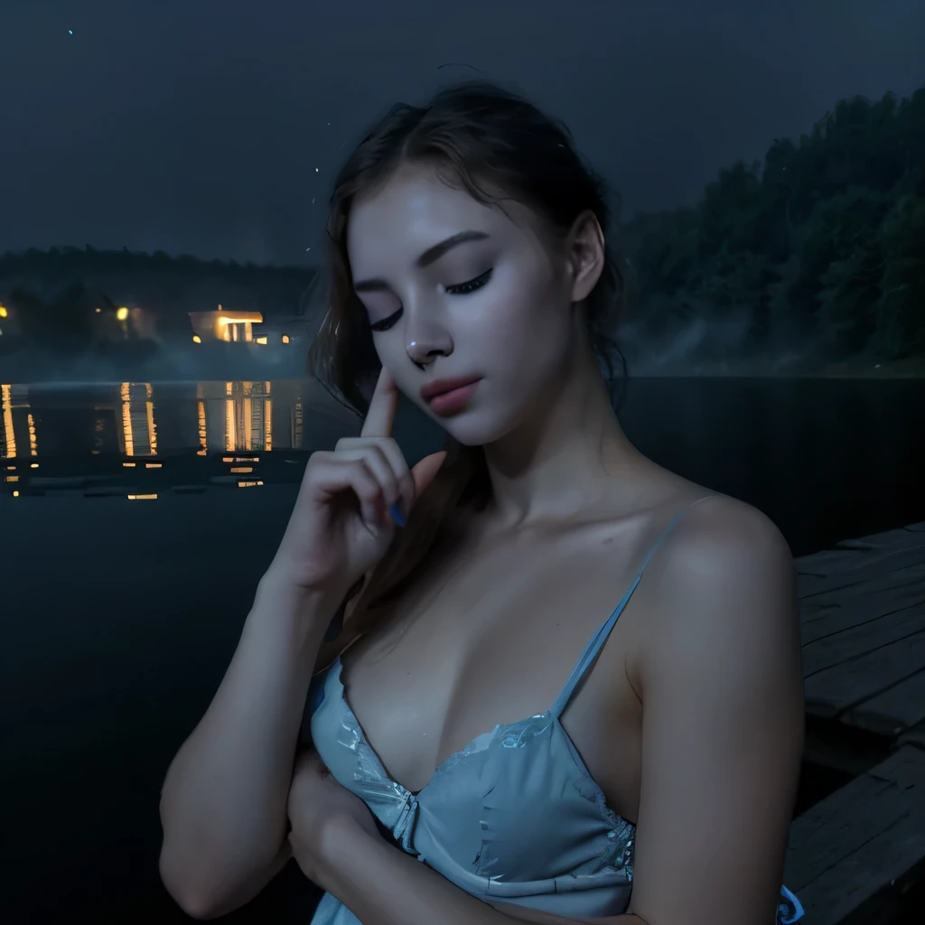 As in the picture, a misty night, a beautiful ukraine girl on a lake, eyes closed, index finger to her lips, blue darkness all around
