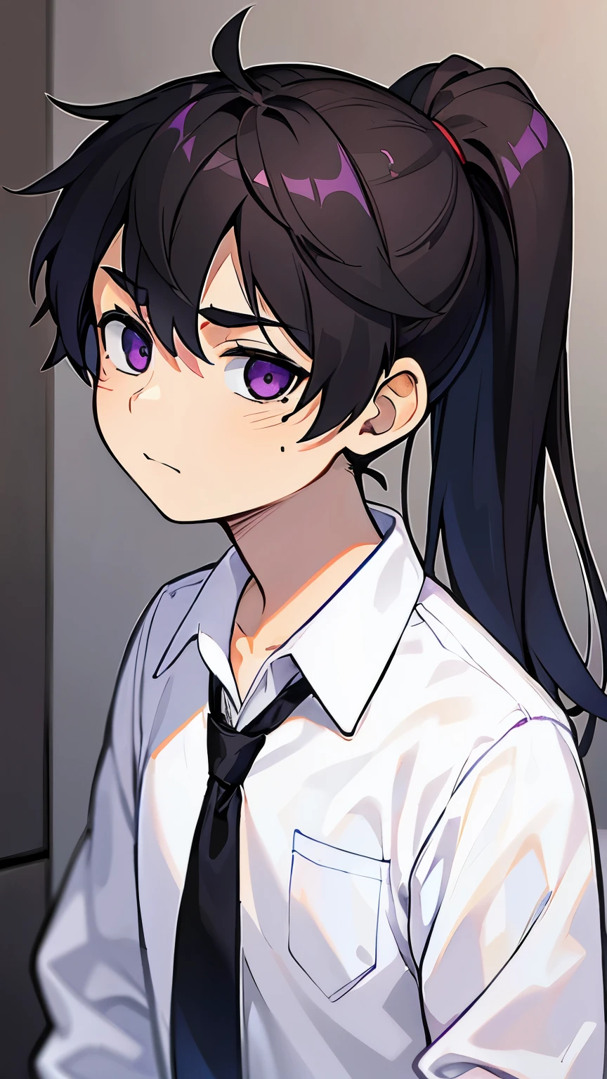 15 year old black haired boy,ponytail,all back,purple eyes,White shirt and black slacks,Mole under the right eye
