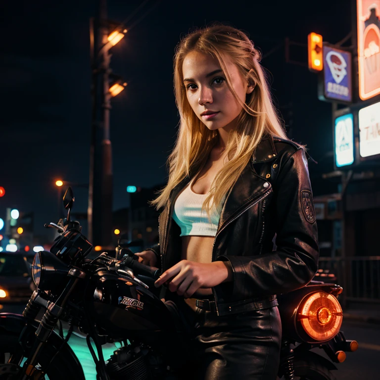 Very beautiful young blonde girl Lindsey Brewer on a motorcycle in the night city ,neon light,realism,cyberpunk