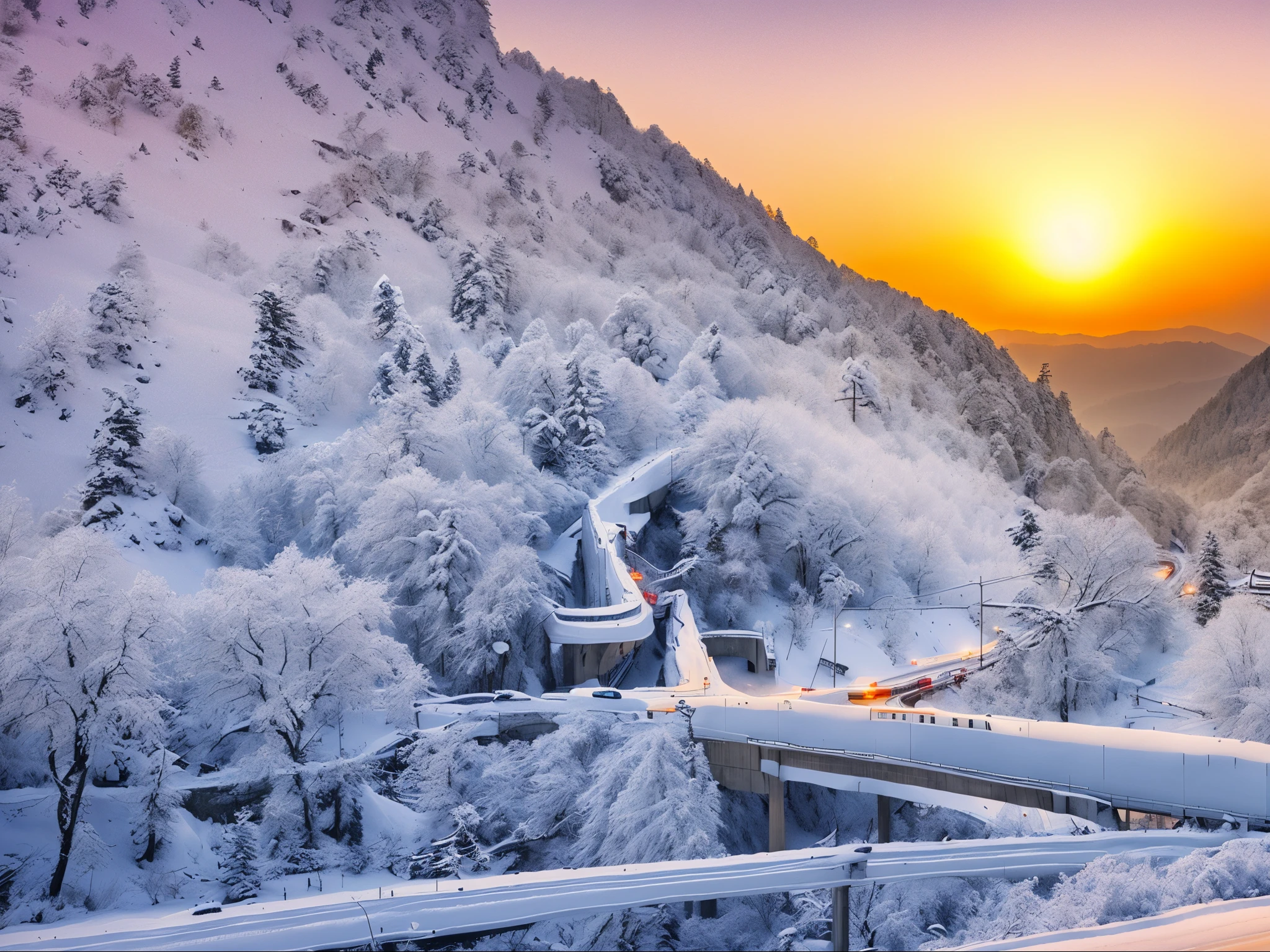 (Realistic : 1.0), sunny,Realistic lighting, HD details, Along a highway in Sichuan Province, China,heavy snow,Snow-covered forest in the background。There is a long concrete bridge ahead.。This photo is full of realism