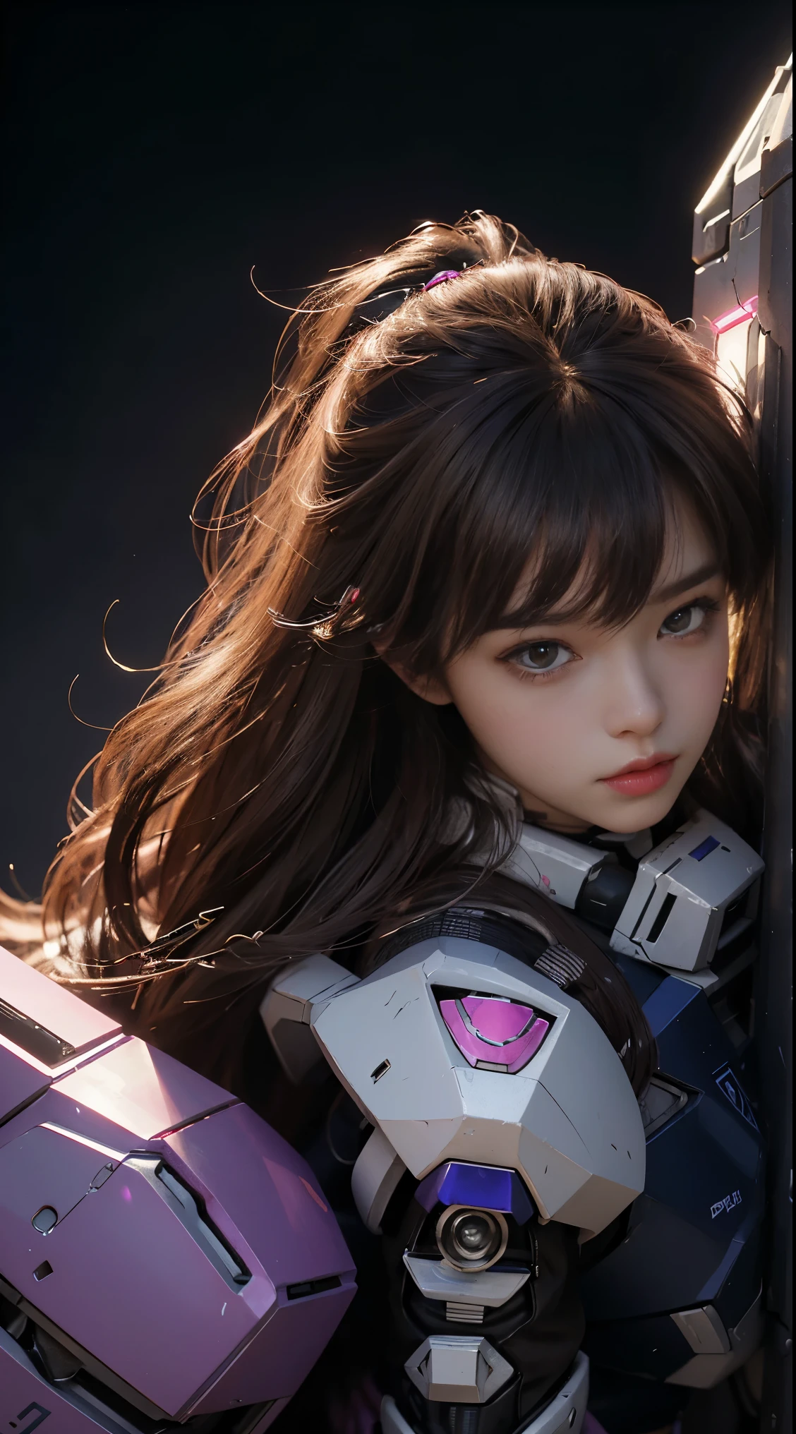 RAW, Masterpiece, Ultra Fine Photo,, Best Quality, Ultra High Resolution, Photorealistic, Sunlight, Full Body Portrait, Stunningly Beautiful,, Dynamic Poses, Delicate Face, Vibrant Eyes, (Side View) a close up of a woman in a pink and white gundam custume, dybamic pose, long brown very very long hair rapunzel, girl in mecha cyber armor, portrait armored astronaut girl, d. va from overwatch, female mecha, on a gundam, gundam head, chiho aoshima color scheme, mobile suit, streamlined purple armor, fully robotic!! girl, realistic cosplay, gundam armor (dynamic pose) (best cameraview), full body