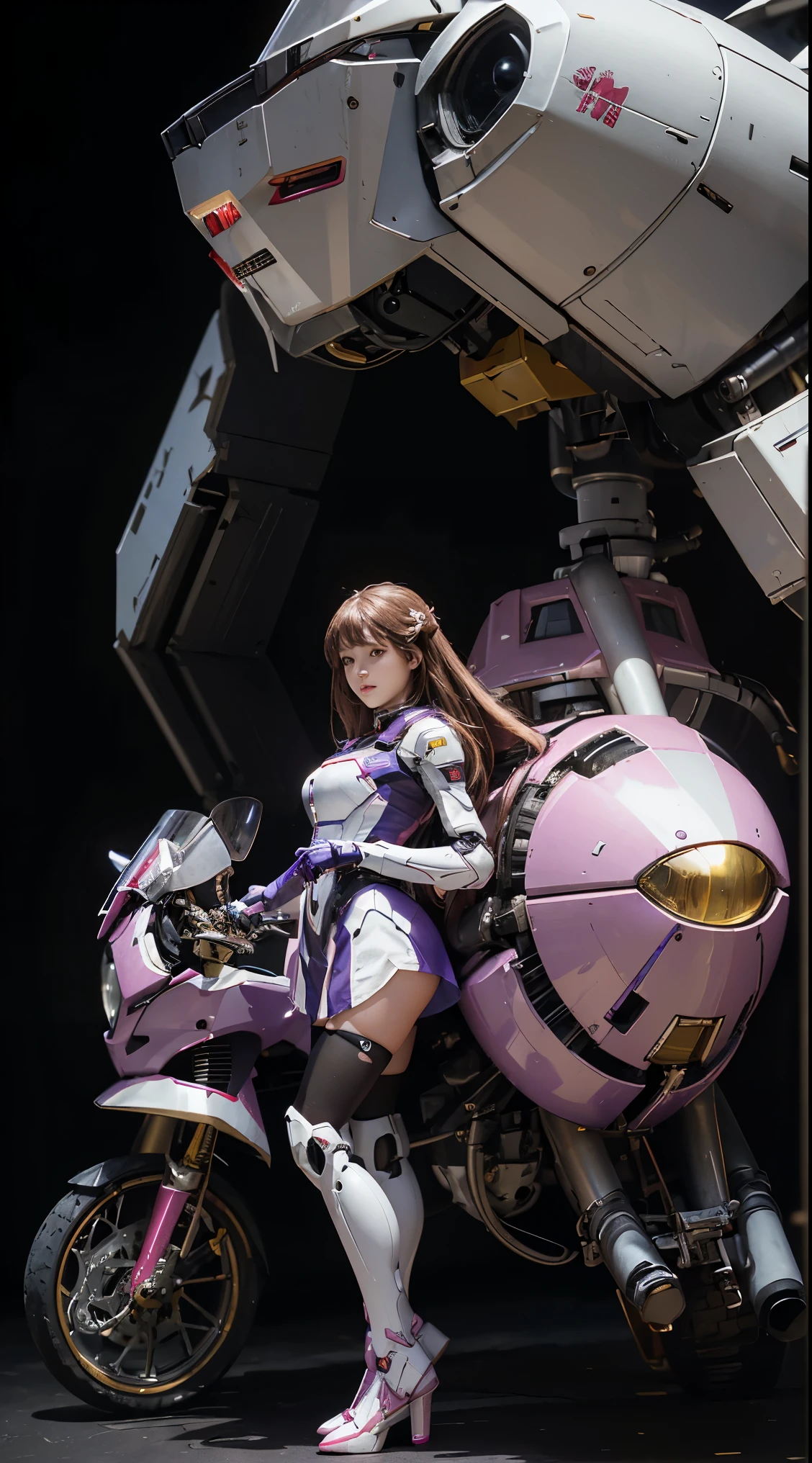 RAW, Masterpiece, Ultra Fine Photo,, Best Quality, Ultra High Resolution, Photorealistic, Sunlight, Full Body Portrait, Stunningly Beautiful,, Dynamic Poses, Delicate Face, Vibrant Eyes, (Side View) a close up of a woman in a pink and white gundam custume, dybamic pose, long brown very very long hair rapunzel, girl in mecha cyber armor, portrait armored astronaut girl, d. va from overwatch, female mecha, on a gundam, gundam head, chiho aoshima color scheme, mobile suit, streamlined purple armor, fully robotic!! girl, realistic cosplay, gundam armor (dynamic pose) (best cameraview), full body