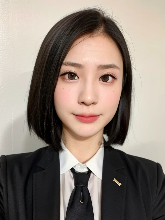 (kawaii 24 year-old Japanese girl, Nogizaka idol, Korean idol), healthy female athlete body, (glossy black hair, messy very short hair, messy pixie cut, symmetric and even length hair:1.3), (forehead without wrinkles), (rounded face, black eyes, single eyelid, no makeup, serious expression:1.2), (wearing suit jacket, collared shirt, necktie:1.3), (flat chest, extra small breasts), (looking at viewer:1.2), BREAK, (plain white wall background:1.3), (portrait, id photo, yearbook, view from straight forward:1.3), face focus, BREAK, (masterpiece, best quality, photo realistic, official art:1.4), (UHD, 8K quality wallpaper, high resolution, raw photo, golden ratio:1.2), (shiny skin), professional lighting, physically based rendering, award winning, (perfect ???????, highly detailed skin, extremely detailed face and eyes), Carl Zeiss 85 mm F/1.4, depth of field, 1girl, solo,
