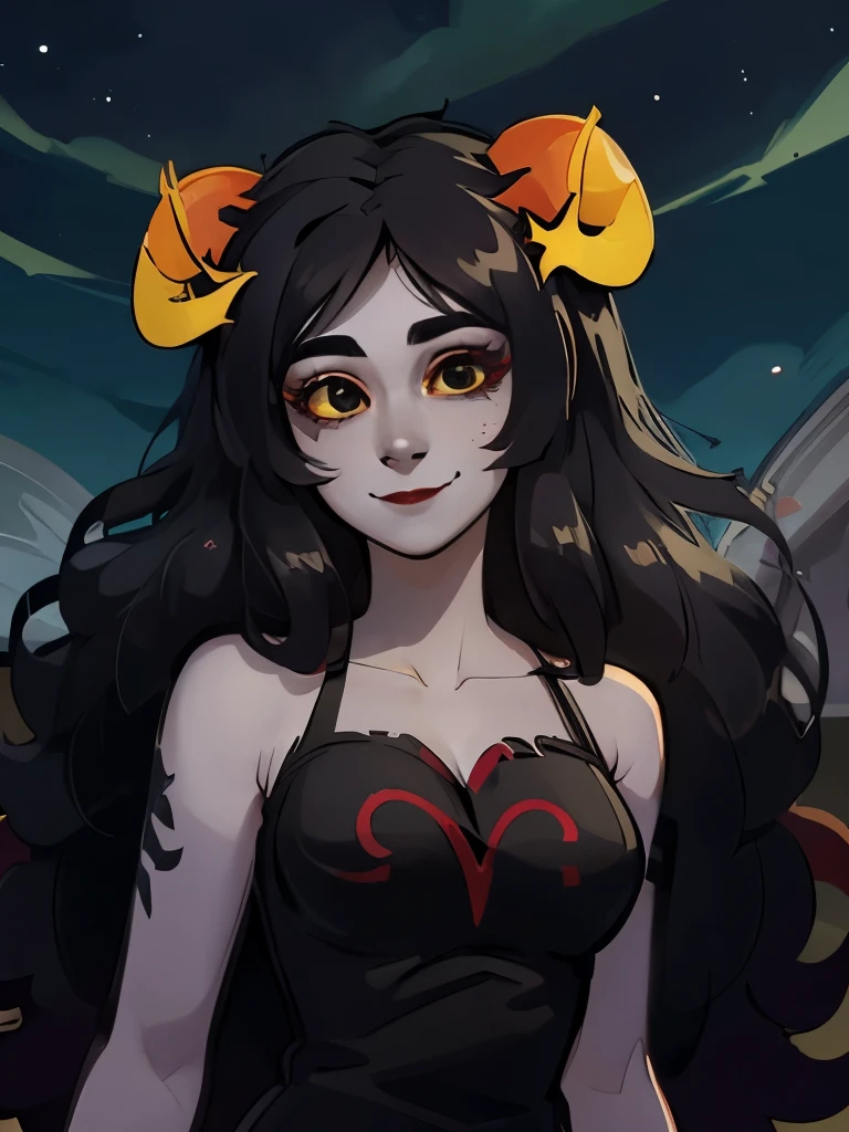 portrait, aradia,  (horns), gray skin, very long hair, [[simple background]], big chest, cleavage, tube top, bare shoulders, saucy smile, (black lipstick), eyeliner, mature, ((dark eyes)), (yellow sclera), detailed eyes, goth, (looking at viewer:0.9), night sky, stars, (low angle)