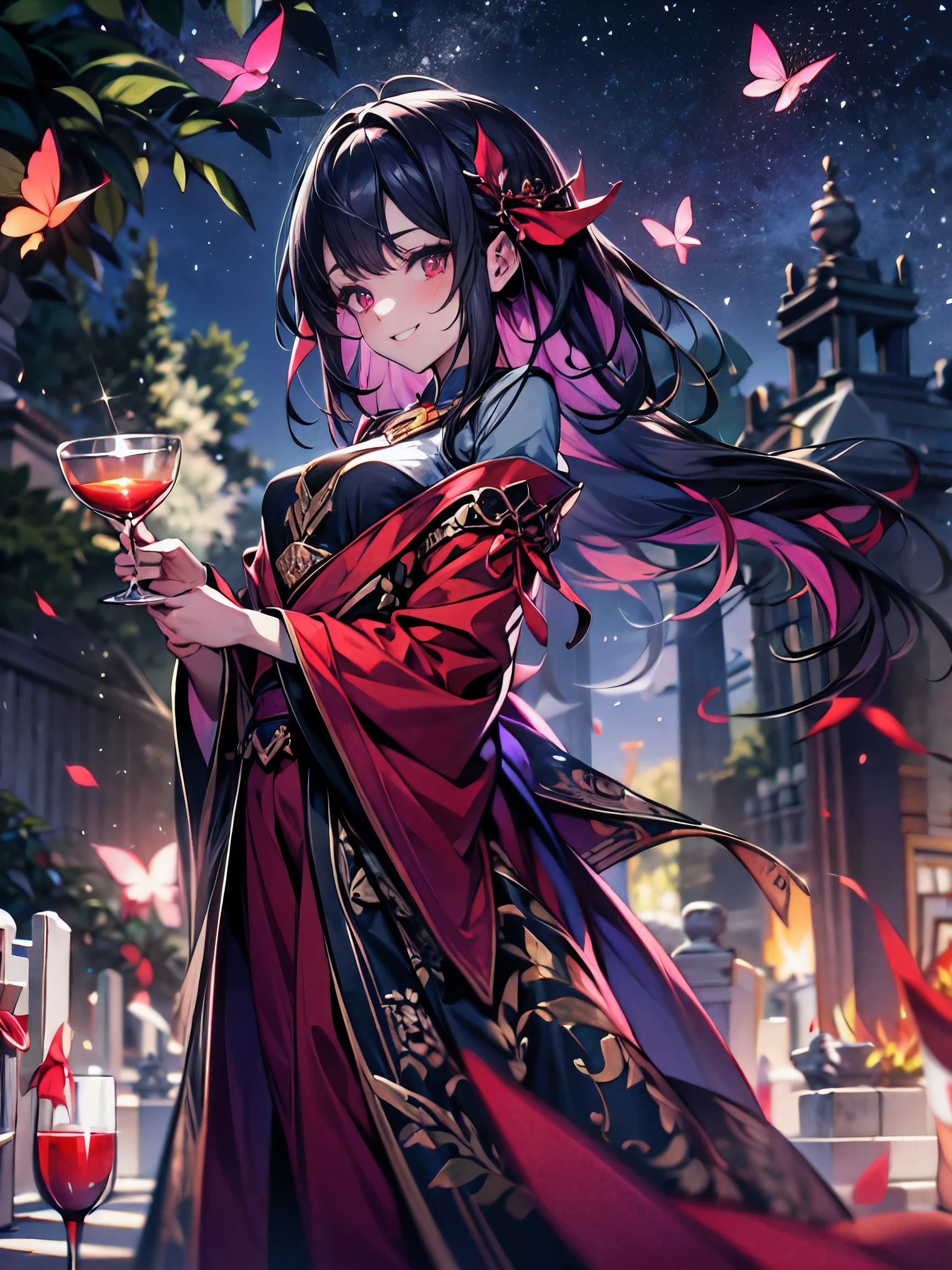 masterpiece,best quality,ultra-detailed), CG, award winning, ccurate, UHD, textured skin, chromatic aberration, perfect anatomy, Fujicolor, fantasy, 1 young vampire princess having a date at midnight, cemetery, small breast, slender body, black straight hair with red inner color, sapphire eyes, wearing wine red magic robe, red face with great smile, flying butterflies, blilliant night sky, enjoy!