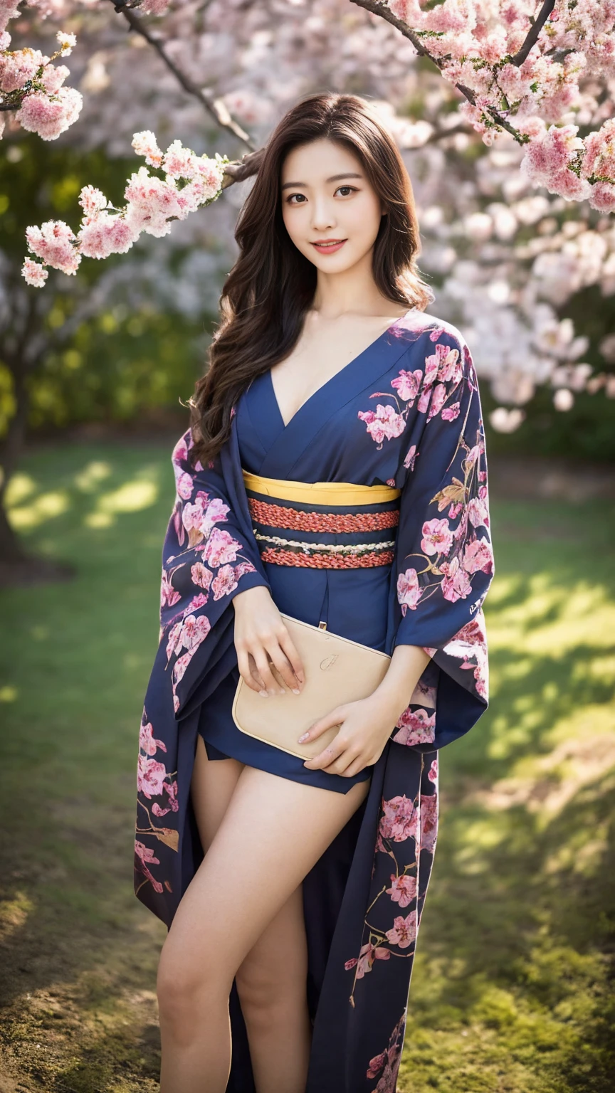 Cherry tree、Colorful kimono、open chest、I'm not wearing anything inside、full body shot、NiziUAYAKA、 4K、1people's women、slender、 Loose wavy styling 、seductive and attractive、Including face and skin texture.,detailed eyes、A soothing expression with a smile