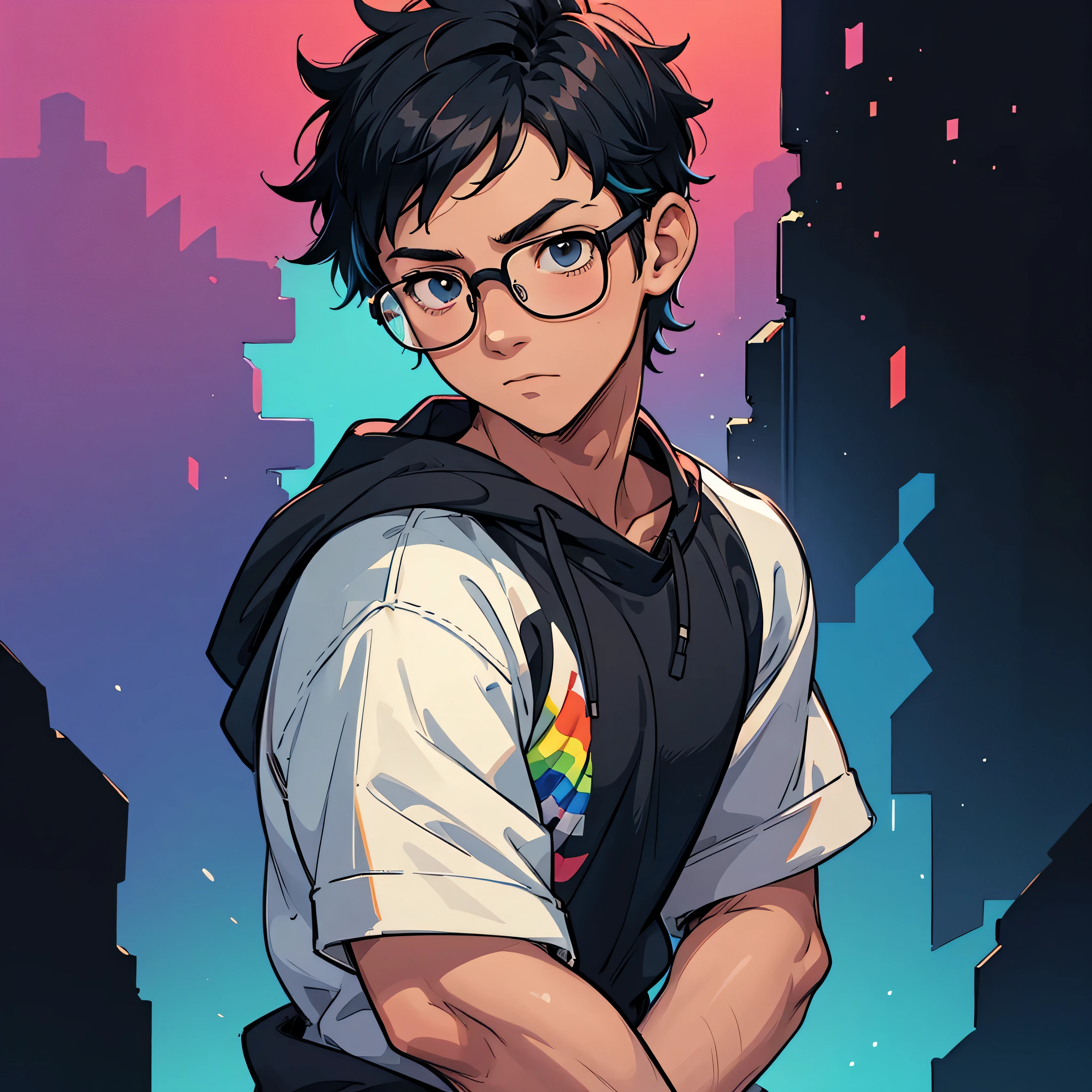 Anime style, gay boy, alone, glasses, black hair, short hair, black sweatshirt, shy, introvert, colorful background, multicolor background, rainbow background, face photo
