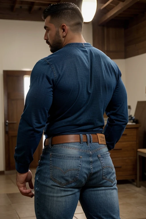 Full body photograph from the back, man heavyweight bodybuilder cinematic light shorts 70kg full muscle, Bigote grueso y trozo chino barbudo, hombre muy guapo., parte superior del cuerpo sin camisa,perfect body ratio, volteado de espaldas, huge and bulging erotic pectoral, hipermusculoso nalgon, realista, blue jeans, backside