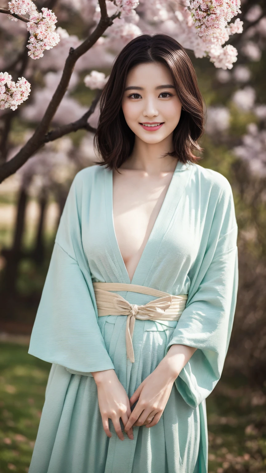 Cherry tree、Colorful kimono、open chest、I'm not wearing anything inside、full body shot、NiziUAYAKA、 4K、1people's women、slender、 Loose wavy styling 、seductive and attractive、Including face and skin texture.,detailed eyes、A soothing expression with a smile