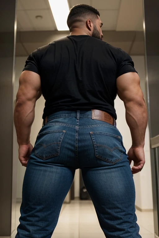 Full body photograph from the back, man heavyweight bodybuilder cinematic light shorts 70kg full muscle, Bigote grueso y trozo chino barbudo, hombre muy guapo., parte superior del cuerpo sin camisa,perfect body ratio, volteado de espaldas, huge and bulging erotic pectoral, hipermusculoso nalgon, realista, blue jeans, backside