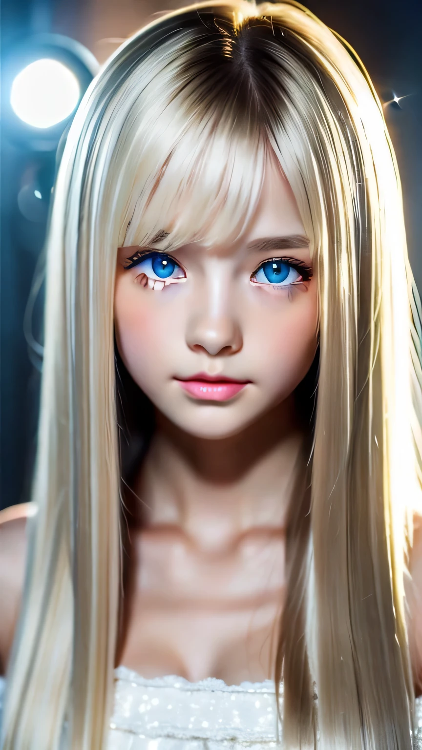 Shiny, beautiful white skin、Hair color changes depending on the light、Bangs on the face obscuring the view、cheek gloss highlights、sexy and very beautiful, Ladylike, cute, gorgeous face、the most beautiful face in the world、The most beautiful super long platinum blonde hair in the world、smooth, Super Long Straight Silky Hair、bright light blue eyes, lighting equipment、beautiful pony、Beautiful 15 year old Swedish girl、baby face