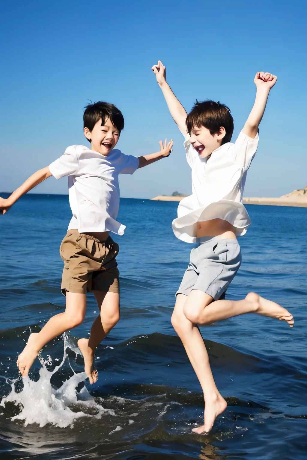 two boys joyfully jump into the water from the shore. view from the water
