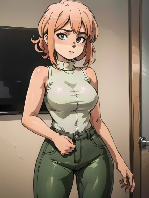 ((Table t○p, highest quality, Hi-Res Lucifer,Anime Screen Capture、Pixel Perfect, 8k、Browsing Caution、Sex)))、Perfect Anatomy、Miyu Kato、(((Maintenance Staff、Chubby、Swollen nipples、Big Breasts、Wide Hips、Wide Hips、Thick thighs、Hands on Hips)))、(Black baseball cap)、(((short hair、Long sideburns、Single Braid Ponytail、Brown Hair)))、(((Shirt lift、White T-shirt、Green Cargo Pants)))、Brown gloves、Sweat,(Green Eyes)、 ((surprised、:o、blush))、(locker room)