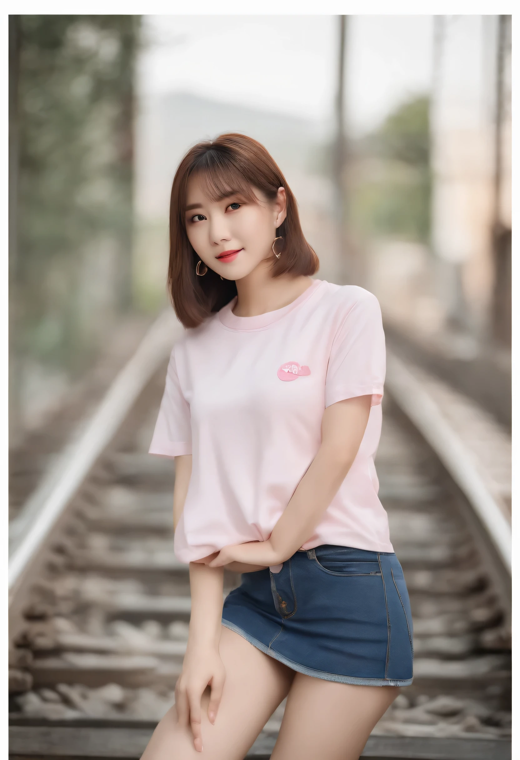 masterpiece、hightquality、japanes、Idol cuteness young face early teens girl、short、Pose for photo in white tight t-shirt and tight denim skirt,full body Esbian,Slim body, bust,nipple1.2、Lying on the construction site、(Long bob cut、(Spread your legs wide,Open your legs wide),、Sweaty 1.4.pink color panties、No pubic hair、The pubic area is wet、