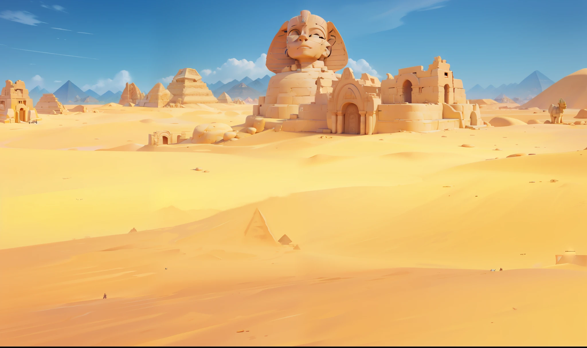 there is a painting of a desert with a sphinx and a pyramid, sphinx in distance, somewhere in sands of the desert, desert temple, egypt themed art, sand and desert environment, background artwork, ancient ruins background, sand desert fantasy, ancient epic tower in the desert, ancient ruins under the desert, egyptian landscape, desert background, background art, egyptian environment, the sphinx