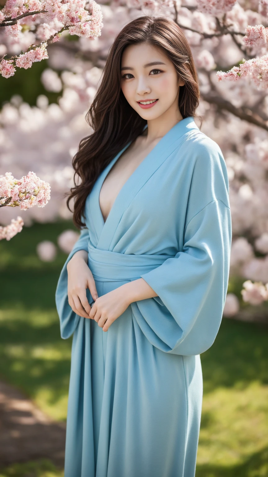 Cherry tree、Colorful kimono、open chest、I&#39;m not wearing anything inside、full body shot、NiziUAYAKA、 ４Ｋ、１people&#39;s women、slender、 Loose wavy styling 、seductive and attractive、Including face and skin texture.，detailed eyes、A soothing expression with a smile