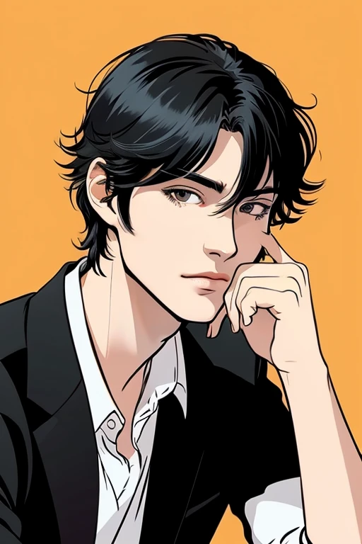 black hair　mash　refreshing　Handsome guy　illustration style　2D