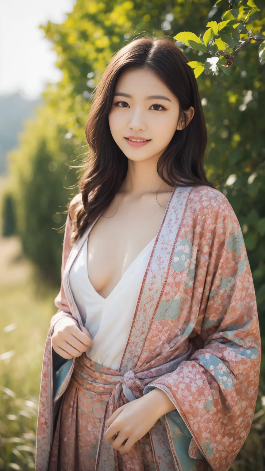 Cherry tree、Colorful kimono、open chest、I'm not wearing anything inside、full body shot、NiziUAYAKA、 4K、1people's women、slender、 Loose wavy styling 、seductive and attractive、Including face and skin texture.,detailed eyes、A soothing expression with a smile