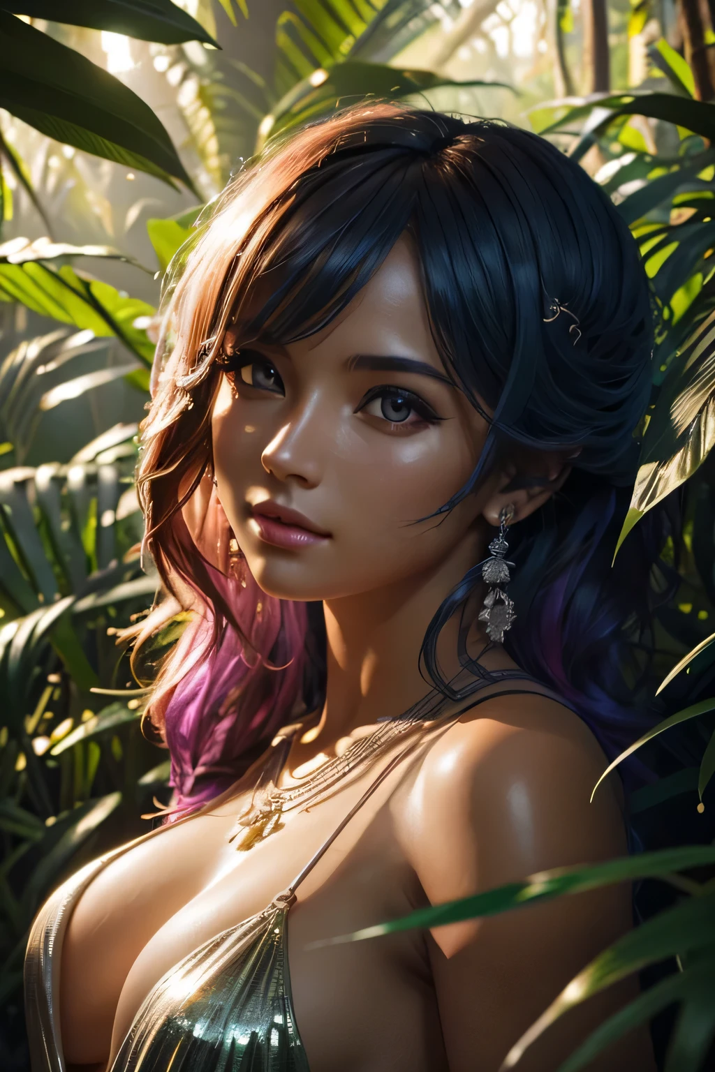 fantastic girl in the jungle, close-up, ultra-detailed, fabulous lighting, photorealistic, bright colors, volumetric rays of light, hdr.