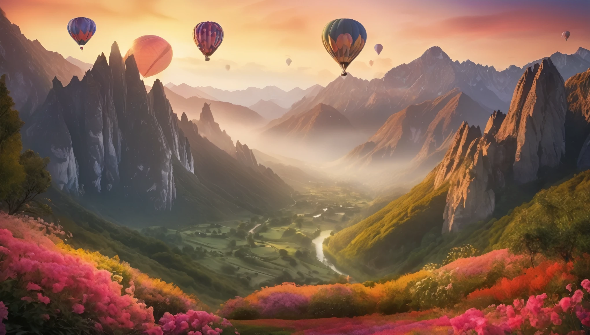 "A hot air balloon slowly ascends from between the peaks of mountains, revealing their contours under the soft glow of the pre-sunrise light. The top of the hot air balloon is adorned with various flowers and brightly colored balloons, surrounded by a hint of mist. The entire scene has a gentle color palette, with exquisite attention to detail. The different trees, grasses, and rocks among the mountain peaks are accurately depicted, creating a realistic play of light and shadow.  (best quality, 4k, highres, masterpiece:1.2), ultra-detailed, (realistic, photorealistic, photo-realistic:1.37), HDR, vivid colors, studio lighting, bokeh, delicate brushstrokes, precise textures, serene atmosphere, ethereal scenery, lifelike mountain range, dynamic clouds, subtle gradients, breathtaking dawn, mesmerizing landscape, tranquil mood, dreamlike ambiance, vibrant flora, majestic peaks, peaceful journey, awe-inspiring beauty."