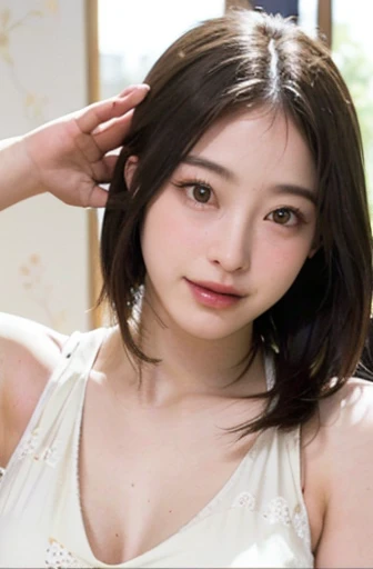 Masterpiece、top quality、realistic、(超realistic), (Enlightenment), (high resolution), (8K), (Very detailed), (The best Enlightenmentns), (Beautiful and delicate eyes), (top quality),( a smile)、 (Super detailed), (Masterpiece), (wallpaper), (Detailed face) 、Open your mouth gently、Sticking out tongue、a smile,(armpit),( a smile),full,solo,Deluxe bedroom、(Wearing a silk slit shirt), covered in sweat, Japanese, (camel toes)、(huge breasts)、big breasts、simple living room, Neat and white teeth、ultimate beauty、covered in sweat、cleavage、navel、armpit、Beautiful and beautiful female hands、brown eyebrows、Seductive look、beautiful kube、sexy、angel lips、Mecosi、age girl、armpit、hair length、butt、perfect fingers、abdominal muscles、very funny、Open your mouth gently、professional lighting、empty room、anatomically correct、