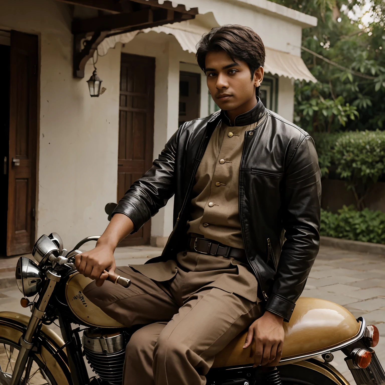 A Indian boy sitting on bullet,wearing old money outfit