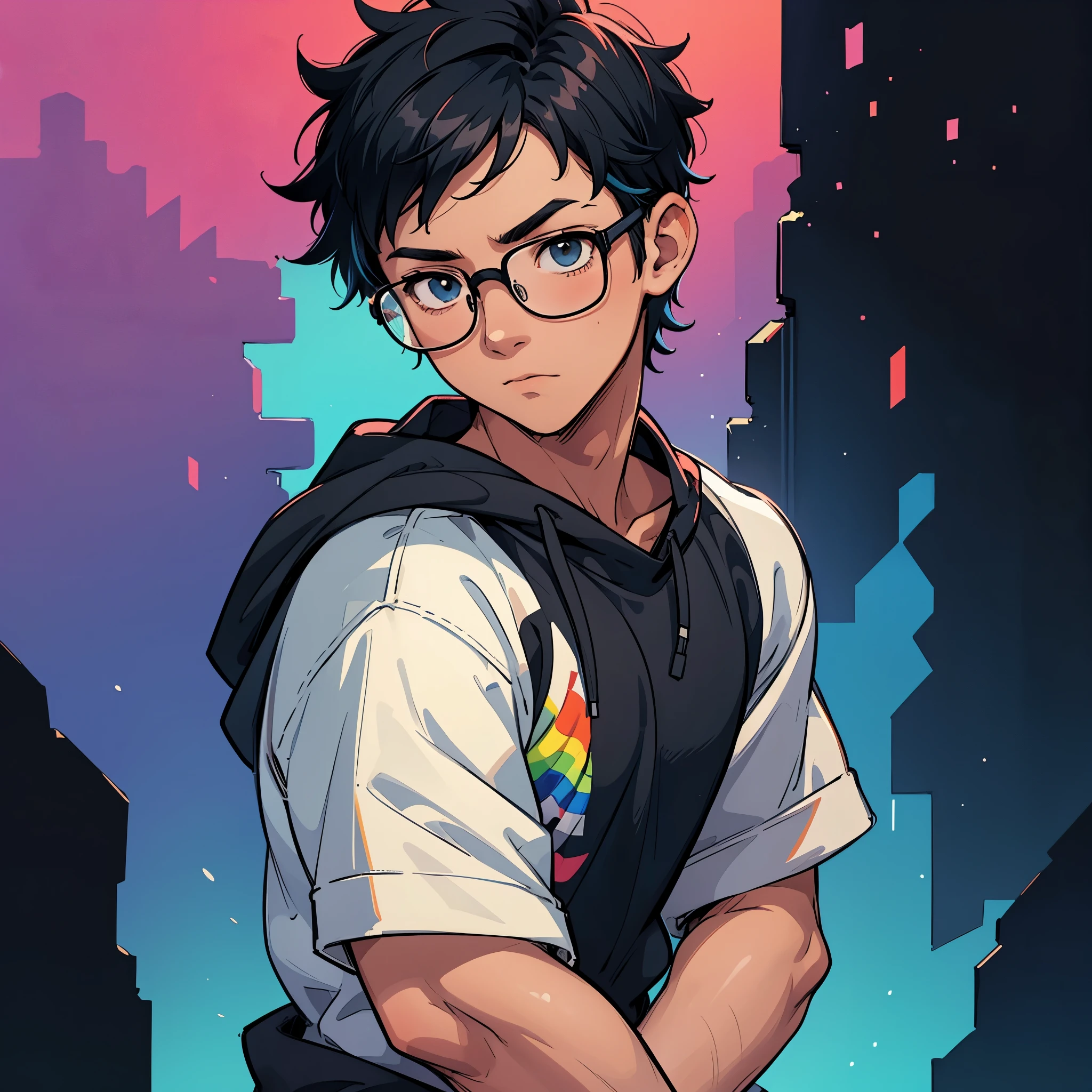 Anime style, gay boy, alone, glasses, black hair, short hair, black sweatshirt, shy, introvert, colorful background, multicolor background, rainbow background, face photo