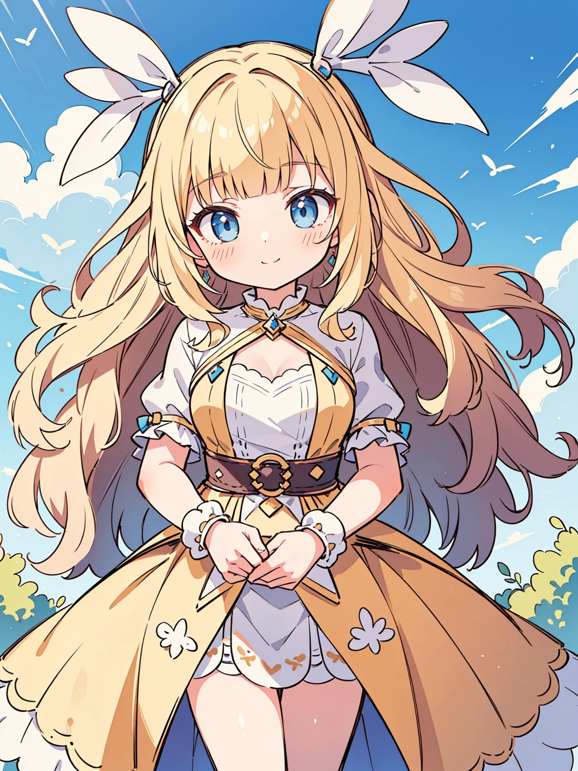 High quality, Ultra detailed, best quality, insanely detailed, masterpiece, beautiful illustrations, highest quality, pretty girl, ((very cute)), ((lovely)), ((sweet body)), 1girl, standing, pastel colour, blonde hair, wavy long hair, (blunt bangs), caucasian, bright lighting, sky-blue eyes, soft smile, looking at viewer