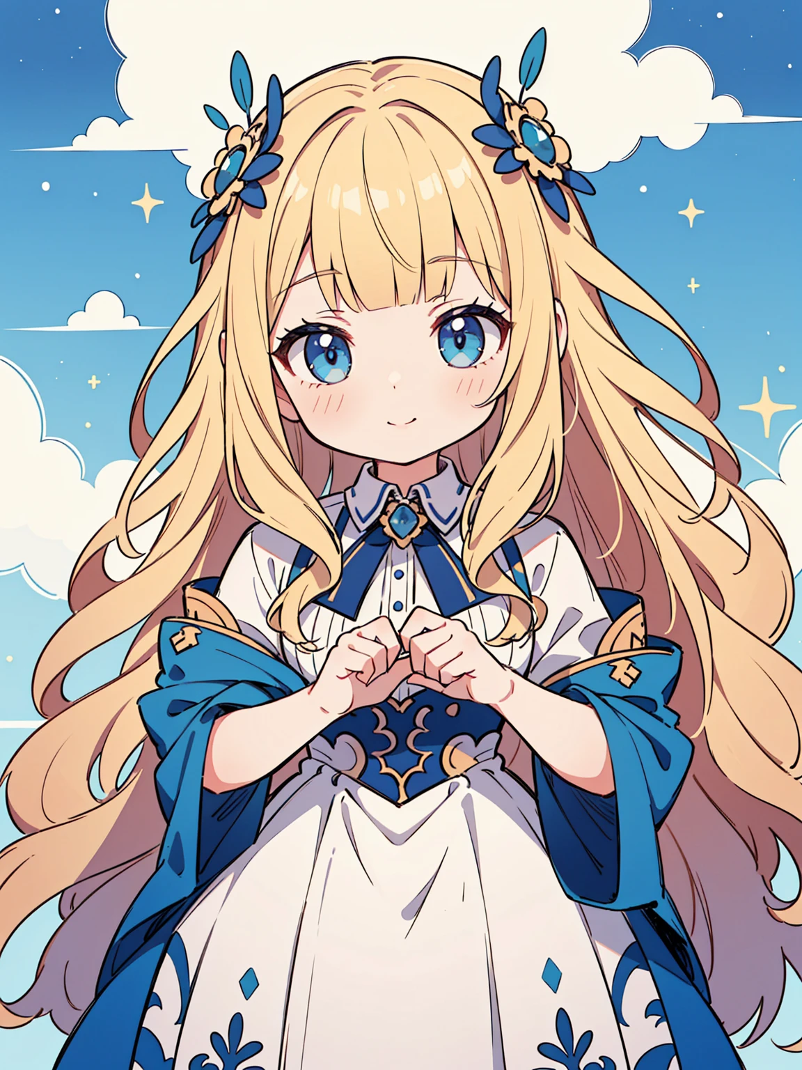 High quality, Ultra detailed, best quality, insanely detailed, masterpiece, beautiful illustrations, highest quality, pretty girl, ((very cute)), ((lovely)), ((sweet body)), 1girl, standing, pastel colour, blonde hair, wavy long hair, (blunt bangs), caucasian, bright lighting, sky-blue eyes, soft smile, looking at viewer