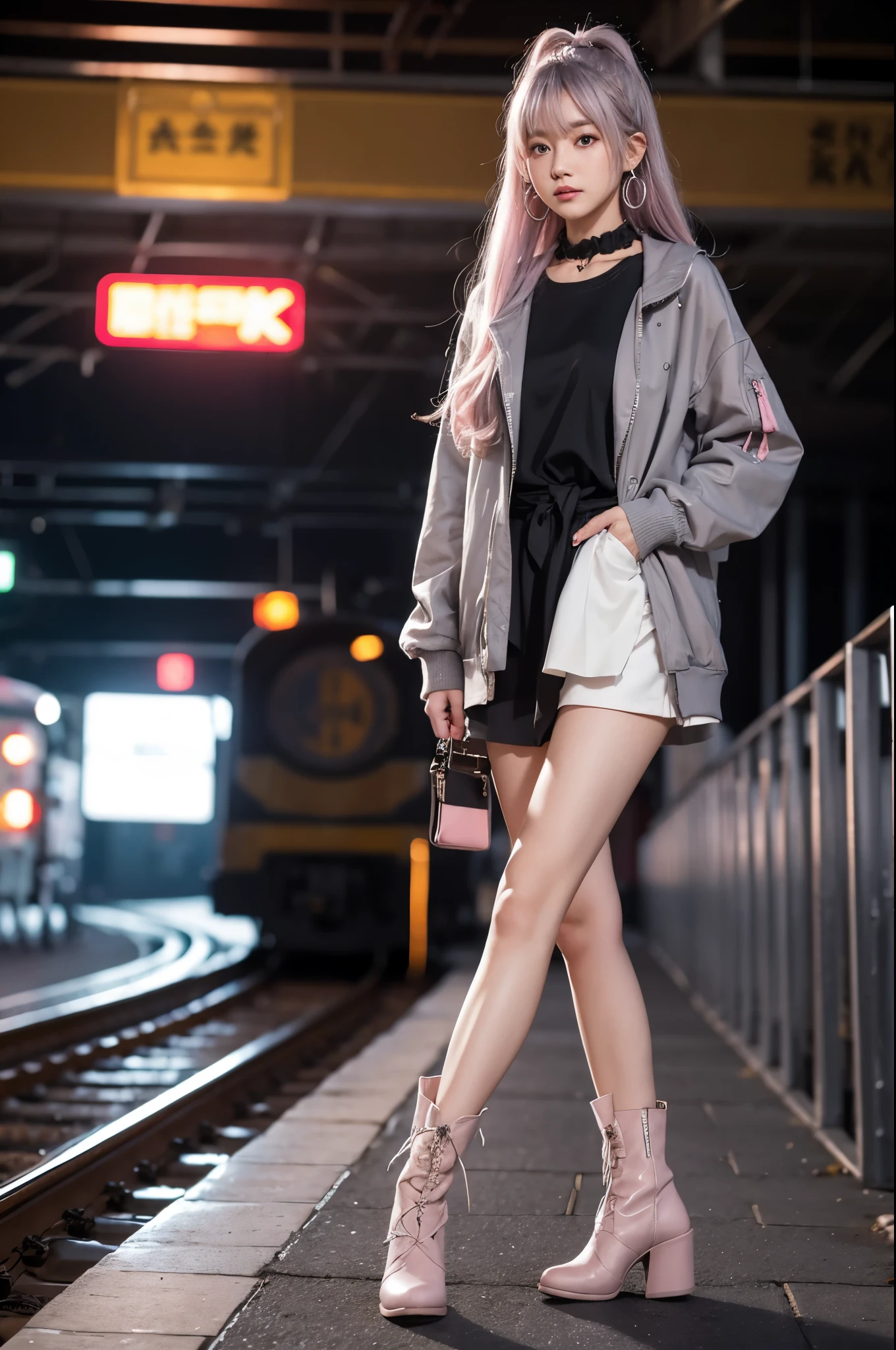 artworks,ultra high resolution,8K resolution,Accurate facial features with depth of field,is a perfect face,girl,the only person,ssmile,Long gray hair,with pink hair,crossed bangs,shairband,bangle,collars,hoop earings,aviator sunglasses bomber jacket,red fire retardant clothing,Over-the-knee boots,Ruffled pantyhose,crouched,facing to audience,eventide,temple,Train station,Fleet Collection,movie lighting
