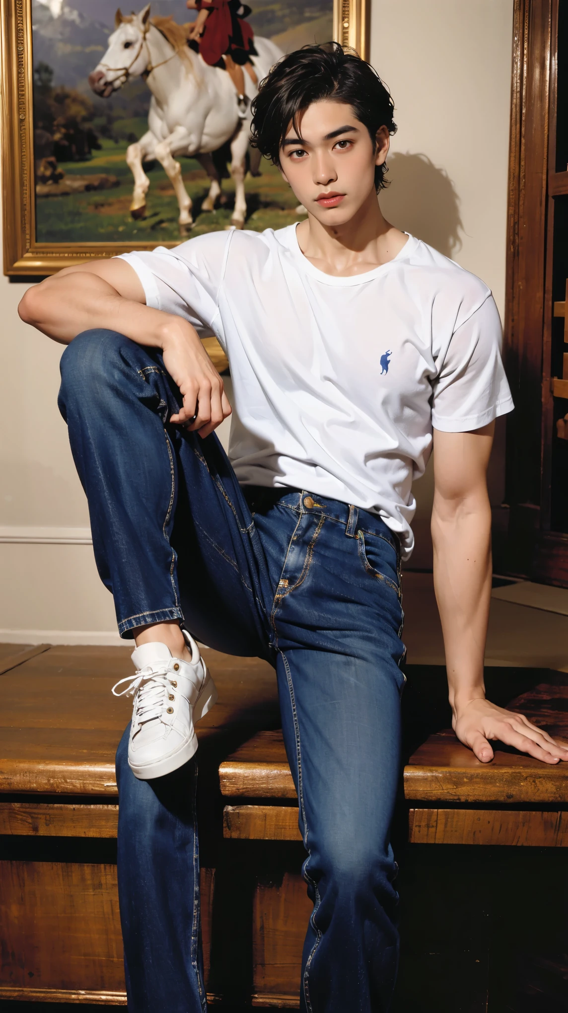((best quality,4k,highres,masterpiece:1.2)),((character concept art)), Japanese guy, an 18-year-old first-year university student in Japan, Hiroshi is notable for his extremely handsome looks, (His features include a face with perfect golden ratio proportions), sun-kissed skin from regular outdoor activities, dark brown hair, and light brown eyes, ((He has a lean and muscular physique, showcasing his athleticism)), and his long legs add to his athletic appearance, (His sharp, chiseled jawline further accentuates his remarkable physical attractiveness), Outfit Description: T-shirt: A Ralph Lauren Purple Label T-shirt in a classic white, This T-shirt is made from ultra-soft, high-quality Pima cotton, offering unmatched comfort and a subtle luxe feel, The fit is designed to be flattering without being overly tight, perfect for showcasing Hiroshi's athletic build while maintaining an air of casual elegance, The iconic Ralph Lauren Purple Label logo is discreetly placed, signifying quality and luxury without overt branding, Jeans: Brunello Cucinelli straight-leg jeans in a mid-wash denim, These jeans are crafted from premium cotton with a hint of stretch for comfort, featuring a timeless design that balances casual with sophistication, The denim's wash adds a touch of laid-back style, making them versatile for various occasions, while the fit is impeccable, sitting comfortably around Hiroshi's long legs and lean muscular build, The subtle Brunello Cucinelli branding is indicative of the jeans' quality and craftsmanship, Footwear: Berluti Fast Track leather-trimmed sneakers, These sneakers blend the casual vibe of denim with the sophistication of Hiroshi's style, Made from high-quality leather with a sleek design, they offer comfort and style, featuring Berluti's signature craftsmanship, The color can either complement the denim or add a contrast, depending on Hiroshi's preference for the day. ((intricate detail)), super finely detailed hands, ultra finely detailed finger