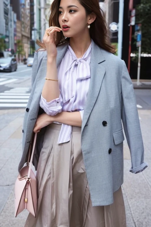 A woman wearing a gray jacket and skirt talking on a mobile phone, mix art, wearing a blouse, 可愛いin pastel colorsフェミニンに, feminine in pastel colors, pastel colored clothes, Wearing a striped shirt, kimono, pastel style, casual clothing style, dressed properly, wearing a blazer, Calm pastel colors, Wearing elegant casual clothes, sakimichan, in pastel colors