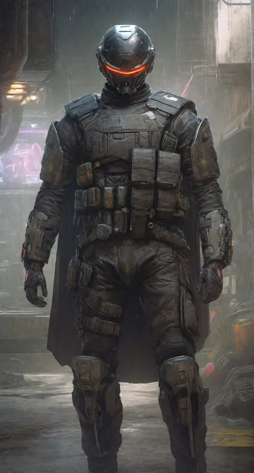 ((Best Quality)), ((Masterpiece)), (Very detailed:1.3)(Cyberpunk:1.3), HDR (High Dynamic Range), Super Resolution, a man in a helmet dressed in tactical armor, With a black cape,Shoulder pads, Knee pads, Utility belt, three throwing knives holstered on his arm, Pistol holstered on his leg