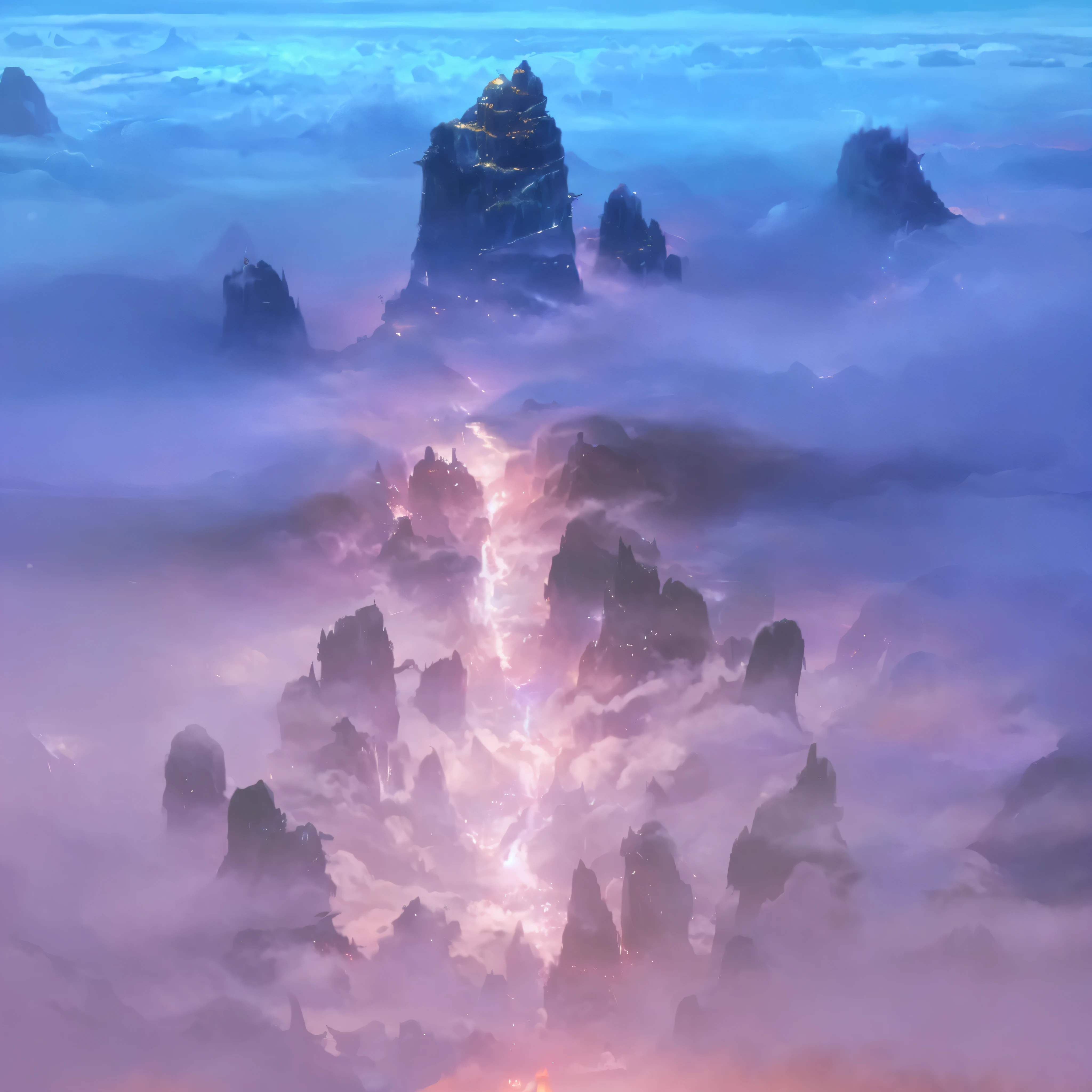 there is a picture of a mountain with a waterfall in the middle, ross tran. scenic background, floating lands in-clouds, epic dreamlike fantasy landscape, floating mountains, paul lehr and beeple, 4k highly detailed digital art, atmospheric fantasy sky, impressive fantasy landscape, matte painting arcane dota pixar, andreas rocha style, concept art stunning atmosphere