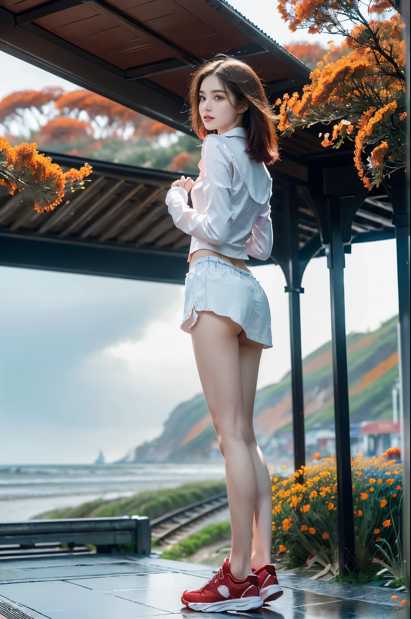 ((((8k))),((Extremely meticulous CG)) ,(wallpaper),16k,((Extremely refined and beautiful)),(((Masterpiece))),(((best qualtiy))),(((Ultra High Resolution))),beautiful light up,realistic shaded,(Smooth and flawless fair skin:1.5),(pale skin:1.3),(Extremely exquisite facial details:1.2),(perfect body:1.1),(ultra-detailed:1.5),((A beautiful girl,solo)),(small head:1.2),(shoulder-length straight bob hair:1.2),(small face:1.2),(:1.3),(Exquisite makeup:1.2),(small breasts:1.2),(flat chests:1.2),((slim,thin)),(laughing:1.2),(happy:1.2),(collared shirt:1.3),(long sleeves:1.2),(underwear:1.2),(slender legs:1.3),(sneakers:1.2),(day scene:1.2),(cloudy:1.2),(light rain:1.2),(outdoor:1.2),(early spring:1.2),(At the seaside train station full of red pea flowers:1.5),(On the platform:1.2),(colorful train:1.3),(detailed seaside background:1.5),(standing:1.3),(full body:1.3),(from back:1.3),(from below:1.2)