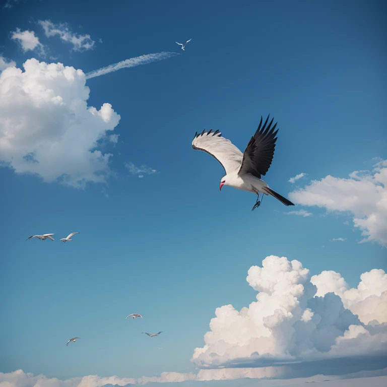 A  male poet is in a high and vast place. There are flocks of birds flying in the sky and the wind is accompanying him. 