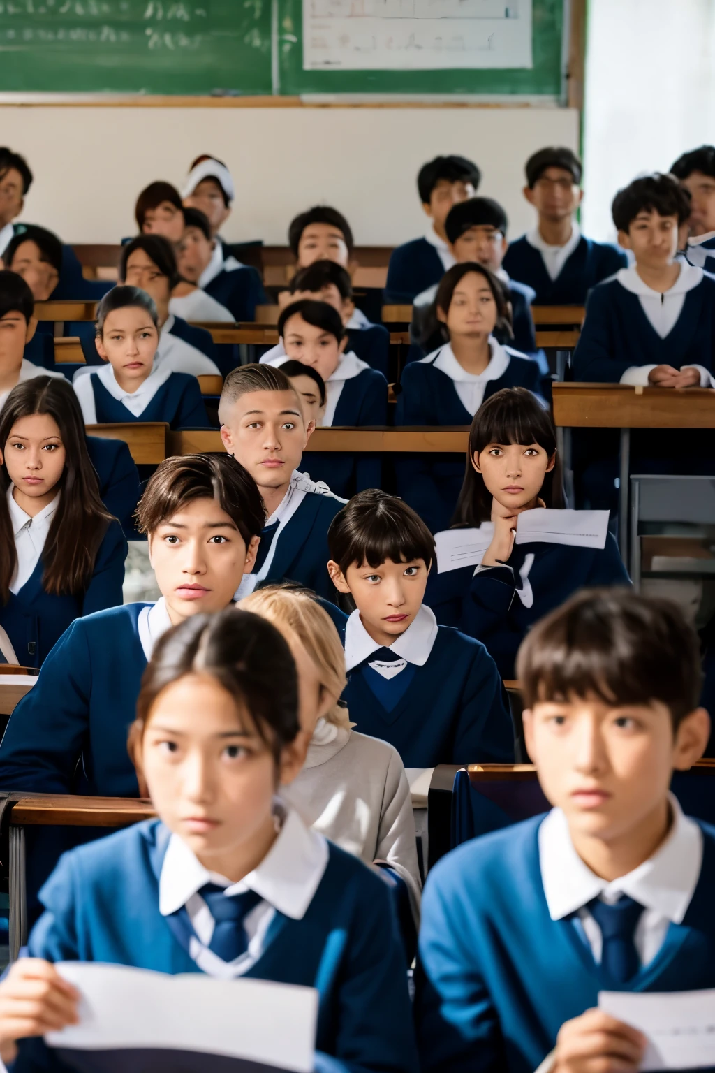 Groupe de garçons ennemies, Korean elementary school, dans le futur, Korean, 8k, ((Very detailled)), regards de rage et regards effrayés, they watch a fight scene with fear, des cris, terreur, beautiful precise face, well textured, belles peau, cheveux bruns et noirs, ils posent pour une photo devant la cour de l'école même si ils ne peuvent pas se supporter, ils font l'efforts, gros zoom.