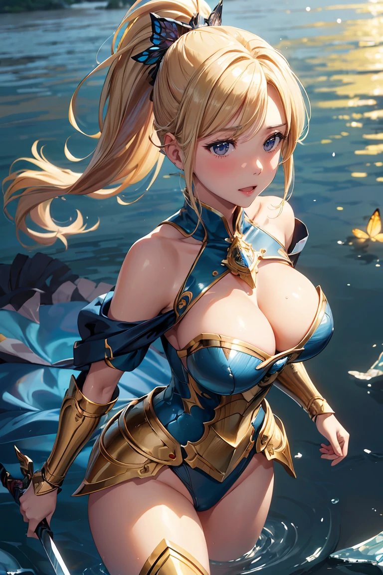 highest quality, Super detailed, (ultra high resolution,8K), Ultra-high definition 4K, (perfect anatomy, anatomically accurate), (One woman with big breasts has a sexy charm), (Paladin), ((Beautiful and detailed golden armor, sheath, breastplate)), (off shoulder), (human body as a whole), blonde, (ponytail), (dynamic composition), High-definition facial beauty, (Beautiful blue eyes like sapphires), (open your mouth), wet body, shiny skin, (fine-textured skin,hair ), (Butterflies flying around a woman), (wetland), (midnight, dark), (Decisive pose), Thrusting the sword into shallow water, (Has a detailed beautiful sword), (look back)