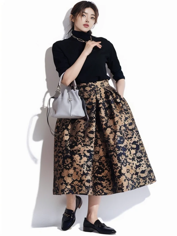 A woman wearing a black top and a floral skirt and carrying a handbag, wide skirt, high waist black skirt, wore a long smooth skirt, midi skirt, Complex, short skirt length, full length view, With a thin waist, elegant clothes, 優雅なComplex, navy blue clothes with gold brocade, elegant trends, elegant woman, black and