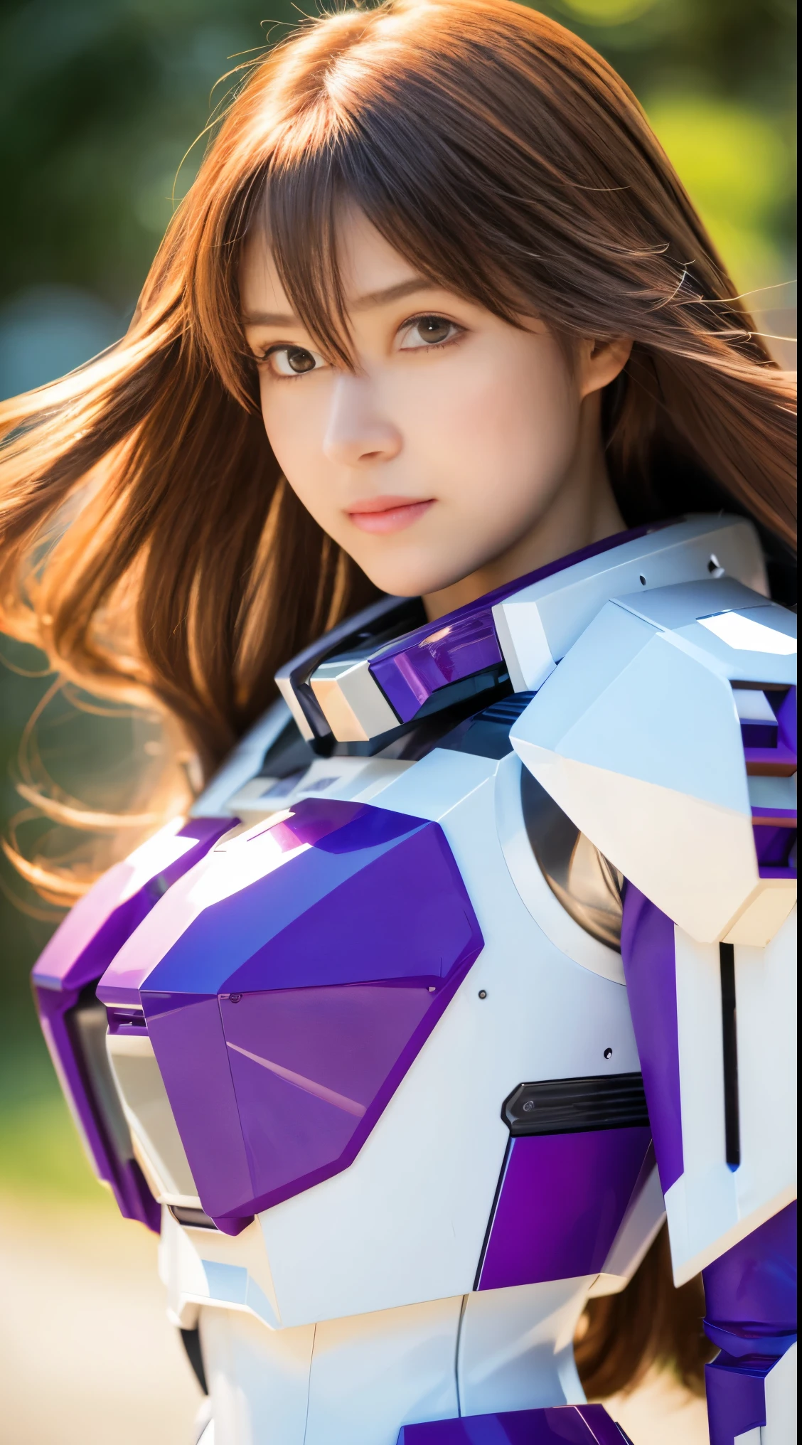 RAW, Masterpiece, Ultra Fine Photo,, Best Quality, Ultra High Resolution, Photorealistic, Sunlight, Full Body Portrait, Stunningly Beautiful,, Dynamic Poses, Delicate Face, Vibrant Eyes, (Side View) a close up of a woman in a pink and white gundam custume, dybamic pose, long brown very very long hair rapunzel, girl in mecha cyber armor, portrait armored astronaut girl, d. va from overwatch, female mecha, on a gundam, gundam head, chiho aoshima color scheme, mobile suit, streamlined purple armor, fully robotic!! girl, realistic cosplay, gundam armor (dynamic pose) (best cameraview), full body