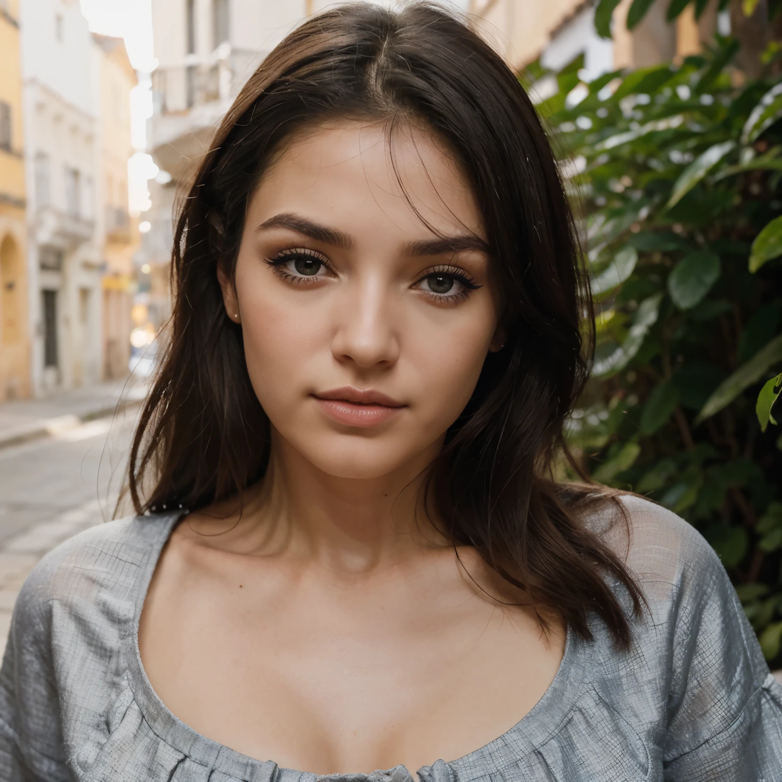dia en grecia mujer realista de cabello rubio largo y liso de ojos azules rasgados, facciones de modelo, posando para dior, delgada con labios grandes delicados y nariz respingada con facciones a iluminadas por leve maquillaje y rostro con leves pecas en mejillas y nariz, luminous face with make up highlight and delicate eyelashes on the eyes foxy eyes make,un caballo en un entorno al aire libre .ella viste una blusa ralph laurent y botas negras hasta la rodilla