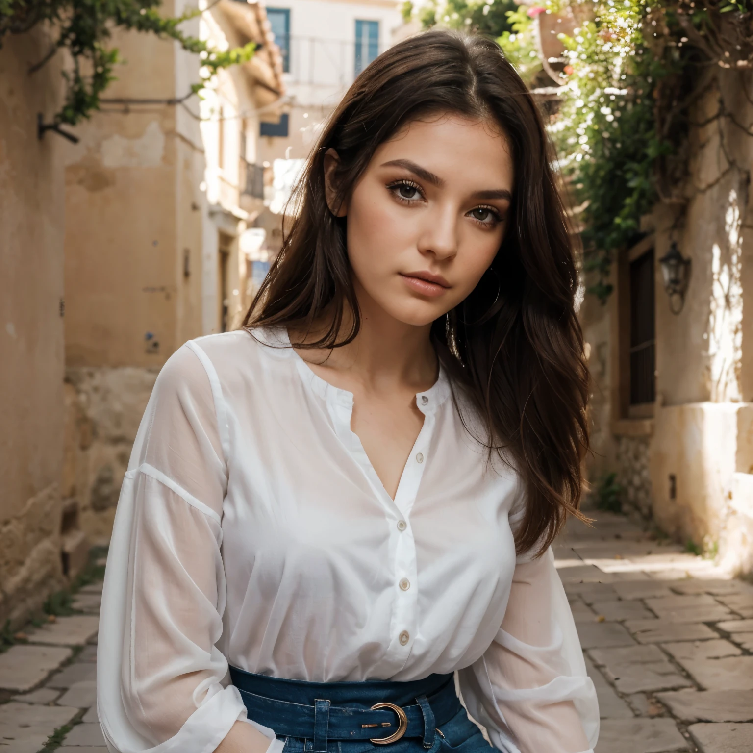 dia en grecia mujer realista de cabello rubio largo y liso de ojos azules rasgados, facciones de modelo, posando para dior, delgada con labios grandes delicados y nariz respingada con facciones a iluminadas por leve maquillaje y rostro con leves pecas en mejillas y nariz, luminous face with make up highlight and delicate eyelashes on the eyes foxy eyes make,un caballo en un entorno al aire libre .ella viste una blusa ralph laurent y botas negras hasta la rodilla